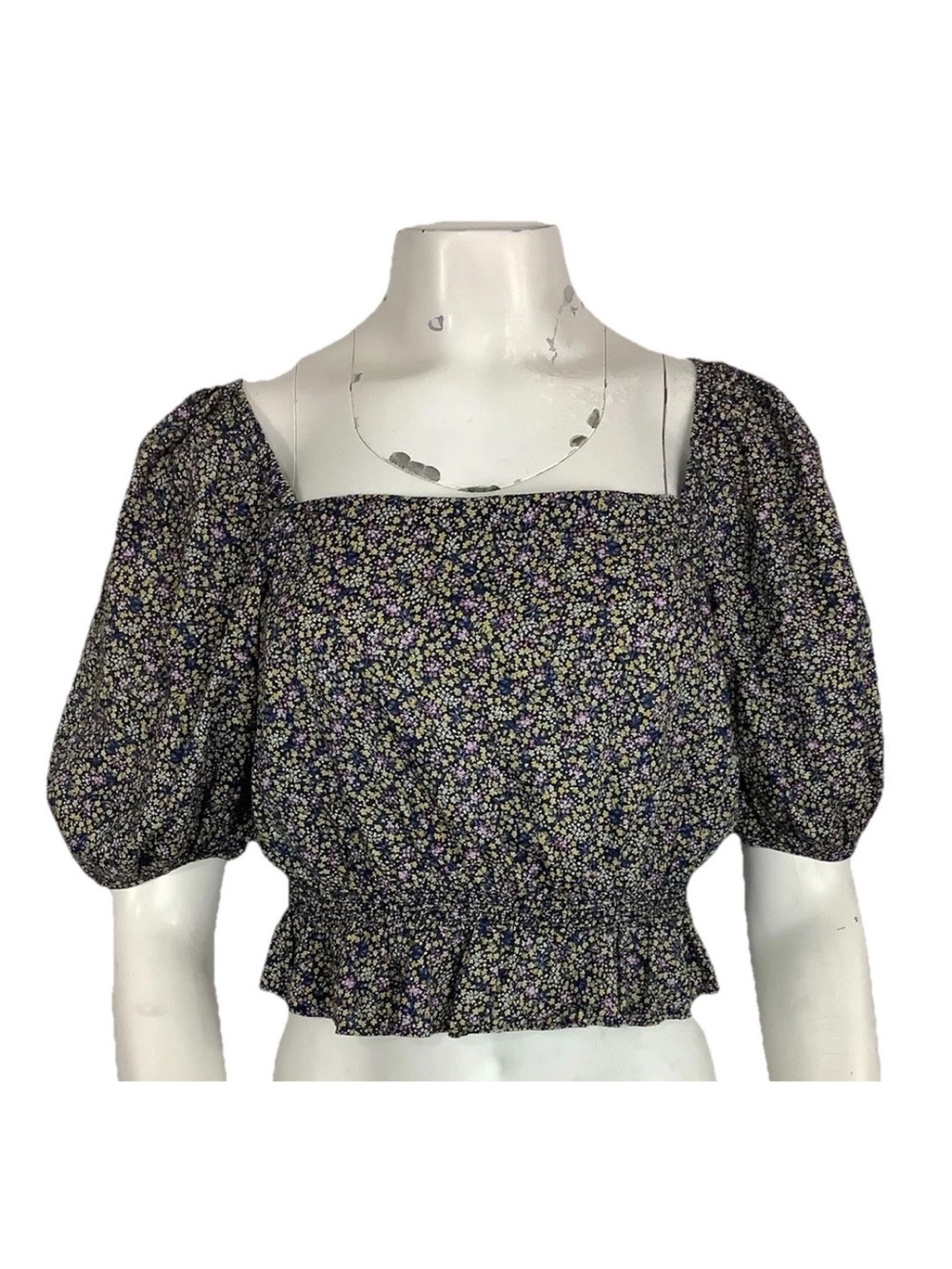 Uniqlo Sz M 100% Cotton Smocked Peplum Floral Puff Sleeve Boho Summer Top